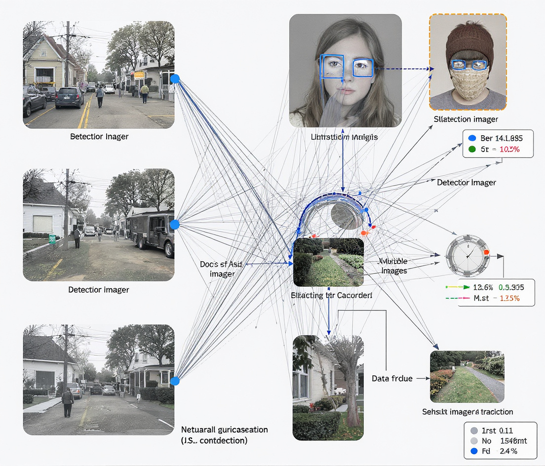 AI neural network analyzing multiple images with detection boxes and confidence scores